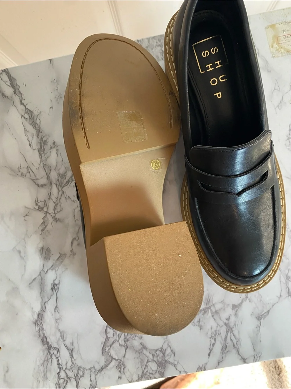 ShuShop Black Leather Platform Penny Loafers with Tan Sole Size 8.5 Chunky Block